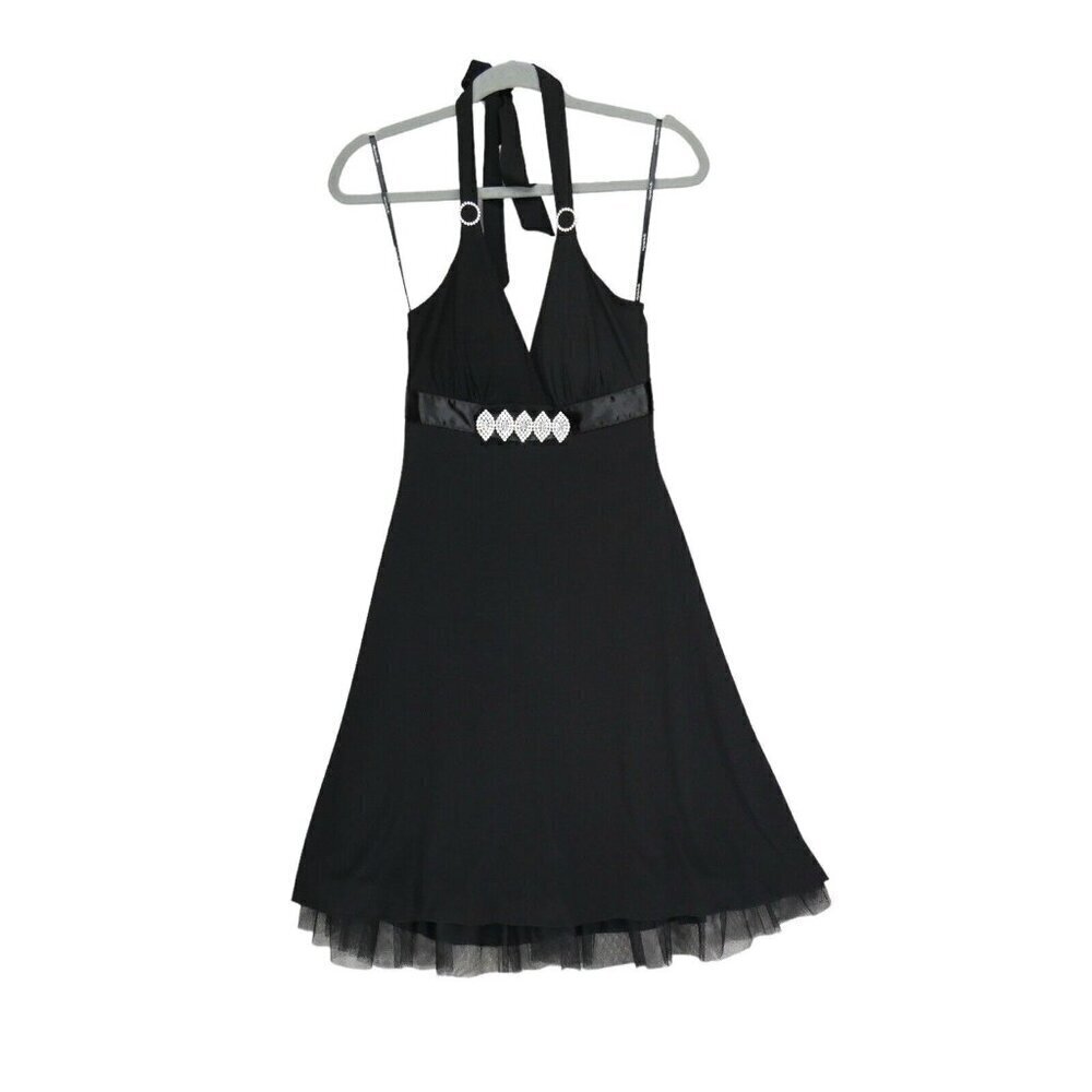 Vintage Y2K Special Occasion Halter Dress My Michelle Black Rhinestones Size M *